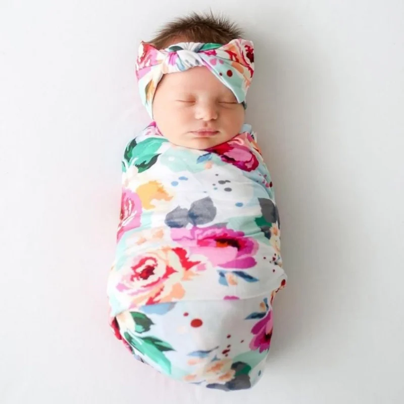 

Cute Newborn Receiving Blankets Baby Girl Swaddle Blanket Set Headband Bow Flowers Floral