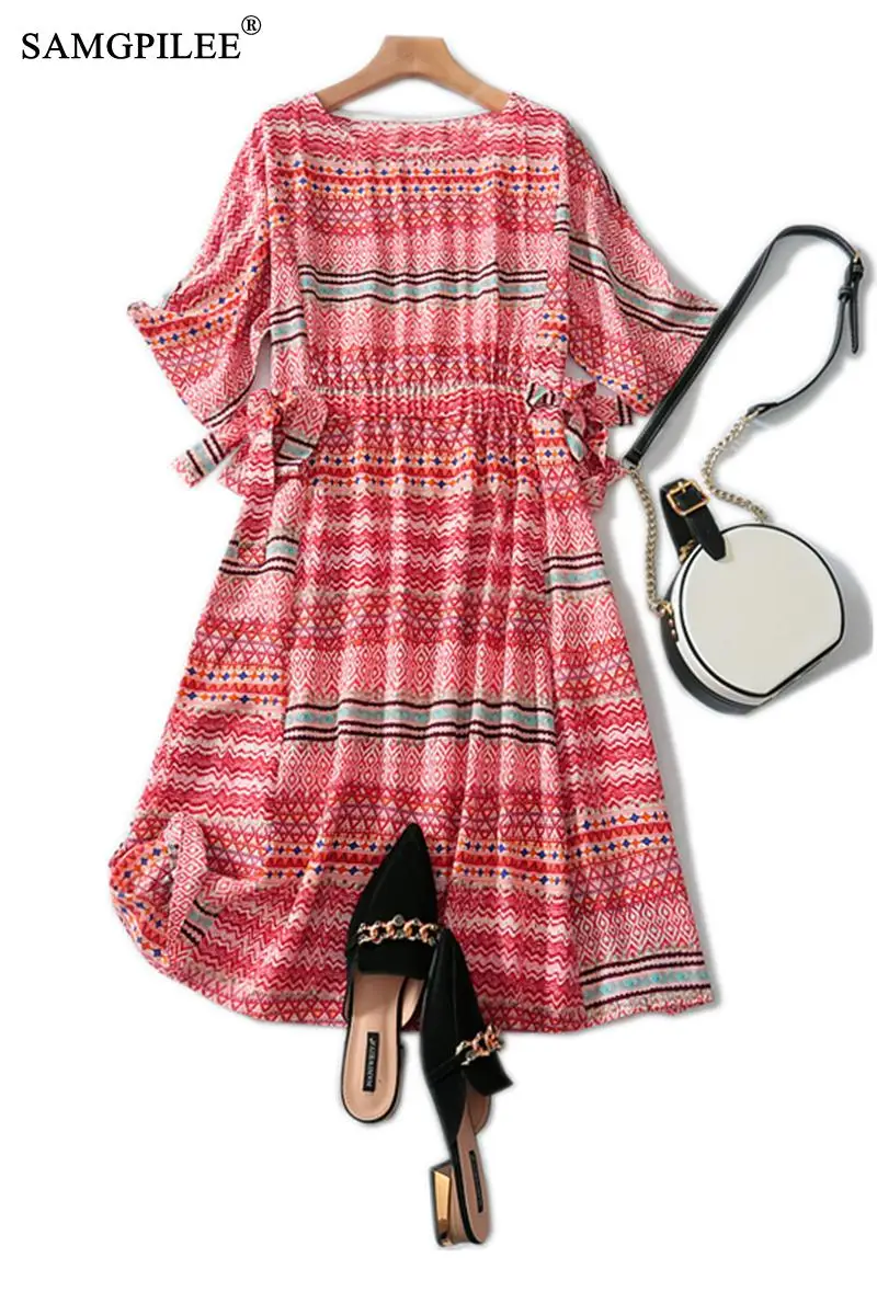 

Dresses Summer 2021 Woman Office Lady A-line Print Short Sleeve Sashes Plus Size Dress Empire O-neck Summer Clothes For Women