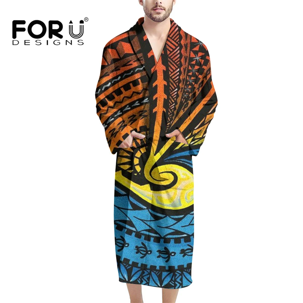 

FORUDESIGNS Colorful Ethnic Polynesian Men's Soft Spa Full Lenght Thermal Flannel Bathrobe Plus Size Thick Warm Sleepwear Халаты