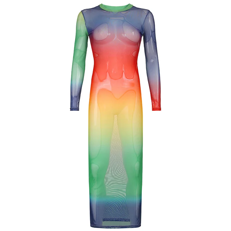 

Tie Dye Print Mesh Dress Sexy Bodycon Fashion Casual Long Sleeve Dresses 2021 Summer Party Elegant Solid Holiday Dress Women