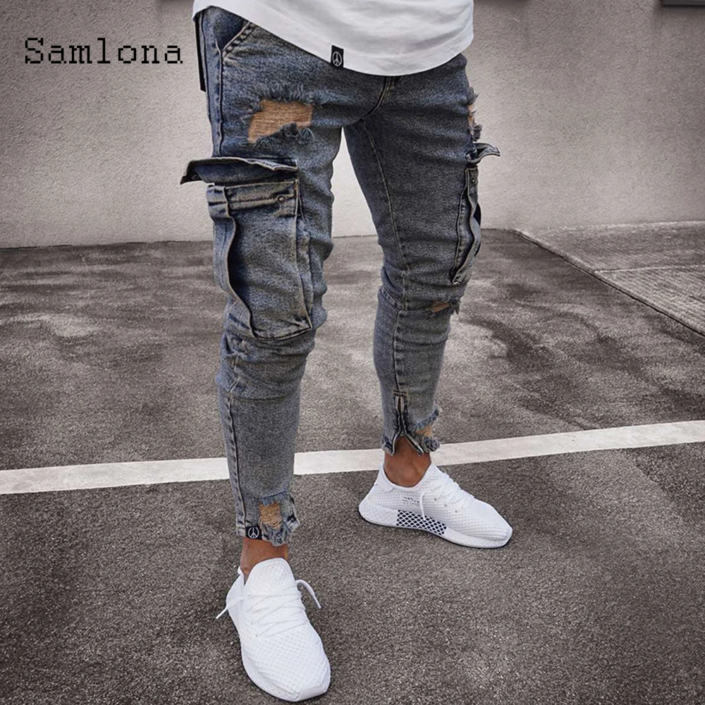 Samlona 2021 Men Jeans Demin Pant Men's Fashion New Patchwork Bottom Casual Skinny Trousers Hole Ripped Hip Hop Denim Pants