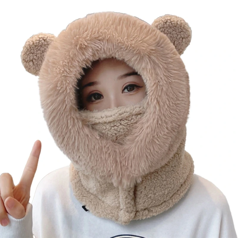 

Cute Thicken Comfortable Bubble Fleece Thicken Hat with Mask and Scarf Women's Winter Neck Protector Cold-proof Face Cap