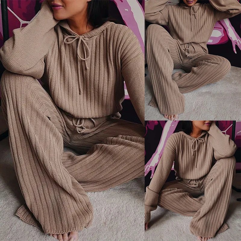

2021 Fashion Trend Women Autumn Knitting 2PCS Outfits Long Sleeve Hooded Tops High Waist Wide Leg Pants Sets Casual Lounge Wear