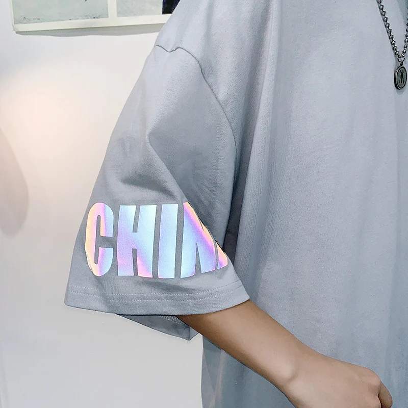 Мужские Светоотражающие футболки летняя хлопковая Футболка с принтом уличная