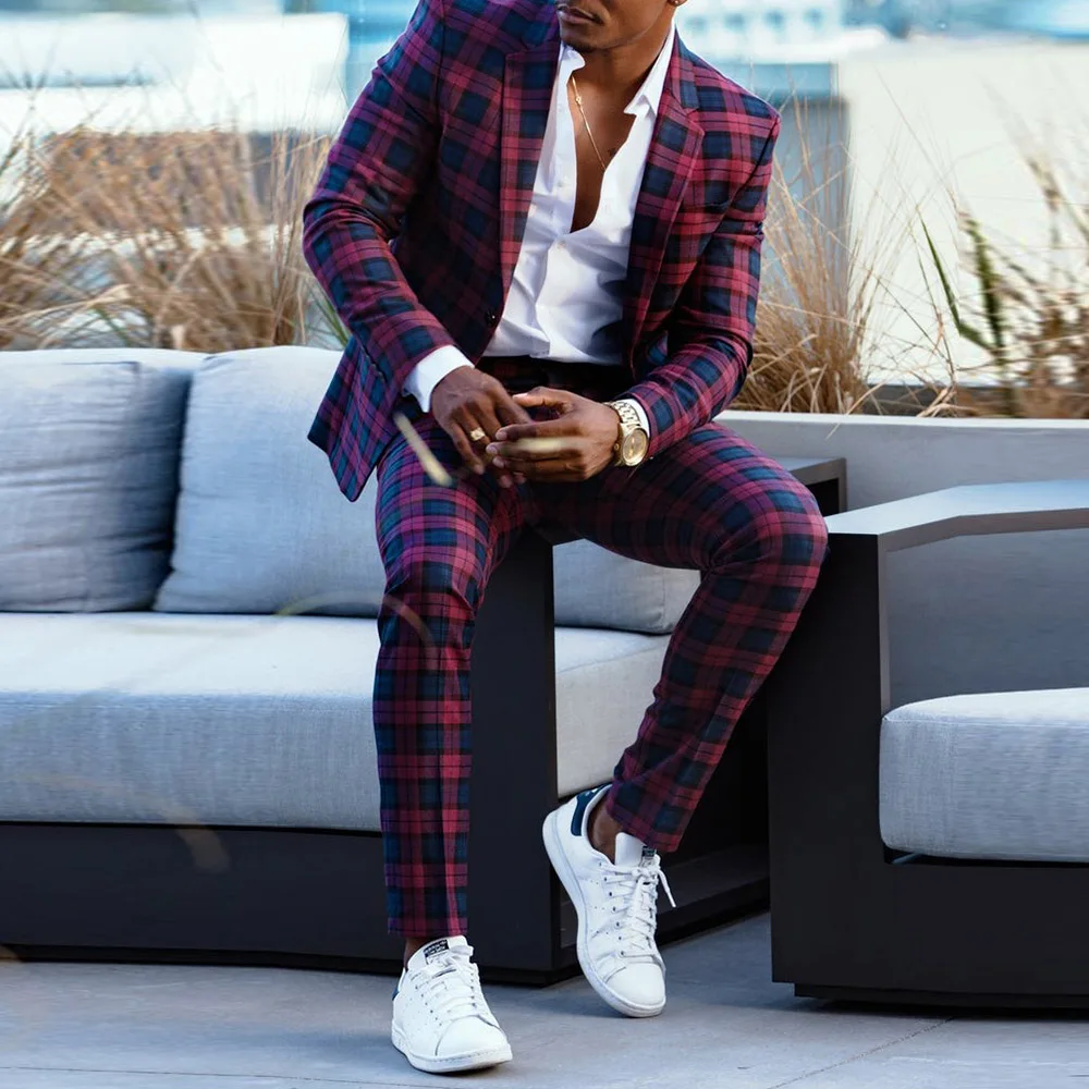 

Костюм из двух предметов, мужские модные костюмы, Новинка весна-осень 2021, мужской Клетчатый деловой пиджак с длинными рукавами и брюки, повс...