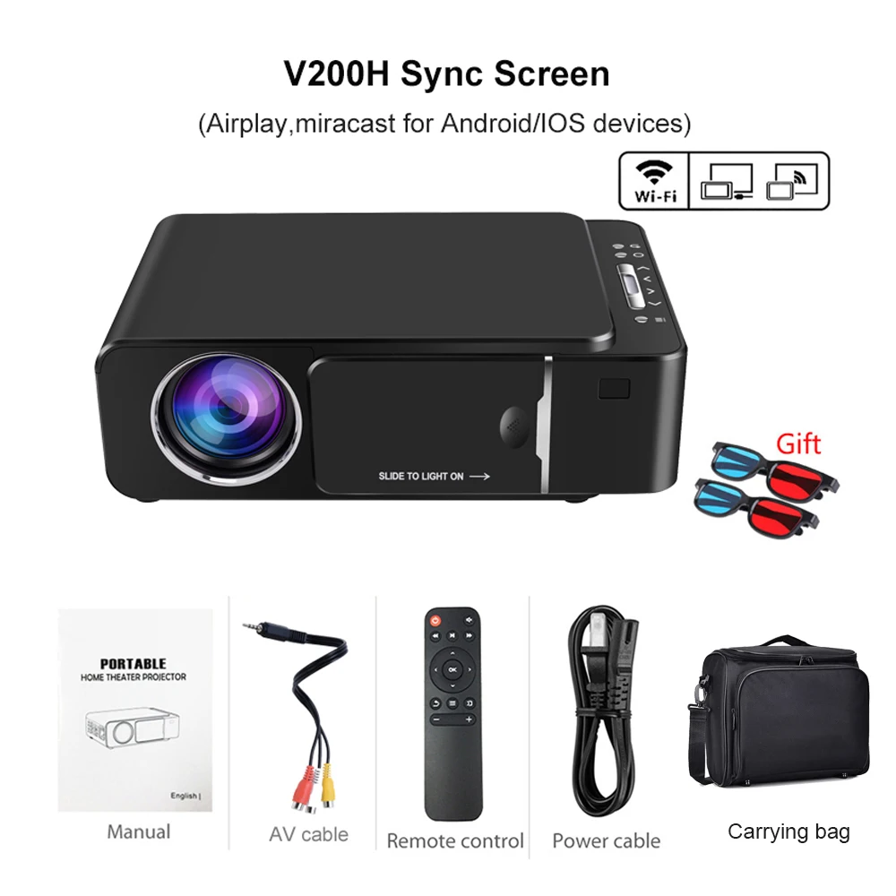 V200H Sync Bag VIVICINE 1280x720p Портативный HD проектор, опция Android 7,1 HDMI USB 1080p домашний кинотеатр проектор wifi мини светодиодный проектор - Цвет: V200H Sync Bag