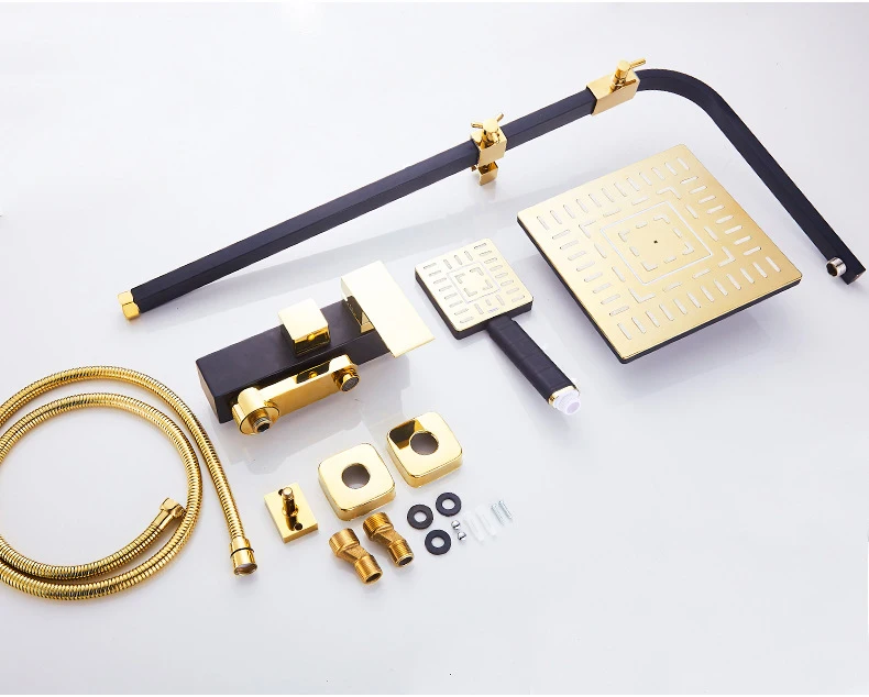 Черный золотой 3 функции набор для душа квадратный настенный черный ванной