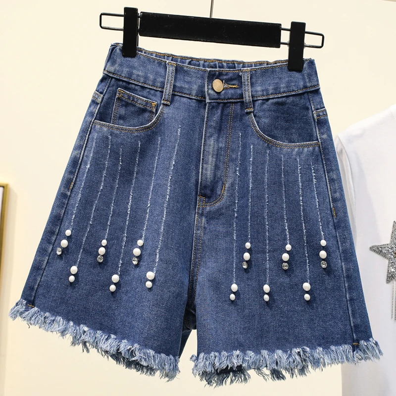 Nail Bead Tassels Denim Shorts Jean Women 2021 Fashion Casual Wide Leg Cowboy Button Zipper Elastic Waist Short Pants Trousers