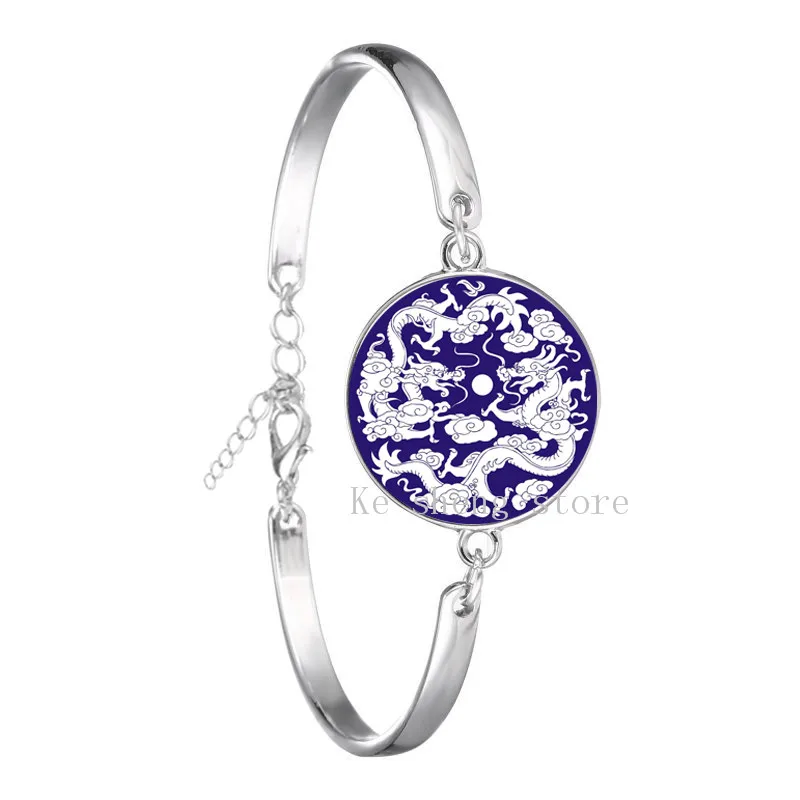 

Girl's metal bracelet, China blue and white porcelain glass dome, elaborately made jewelry bracelet for children's birthday gift