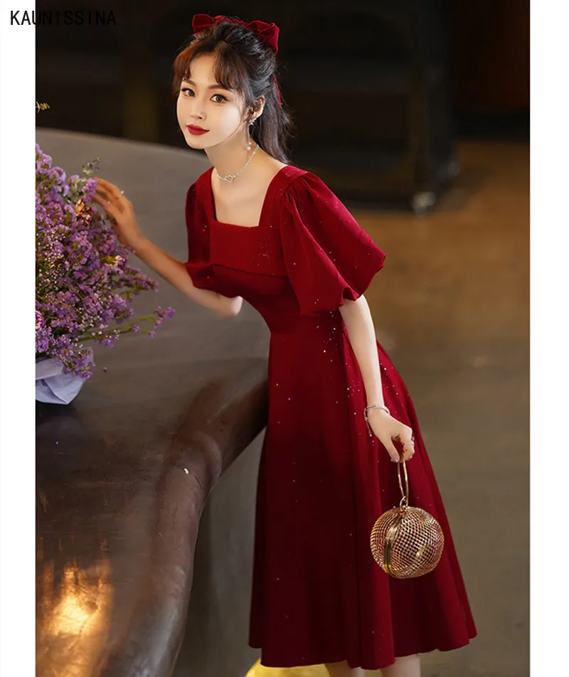 

KAUNISSINA Cocktail Dresses Puff Sleeve A-Line Party Gowns Square Collar Glitter Medium Homecoming Robe Women Prom Vestidos