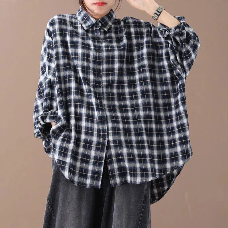 

Shirt Cotton Plaid Turn-down Collar Casual Blouses Big Size New Arrival Spring Autumn Arts Style Women Batwing Sleeve Loose