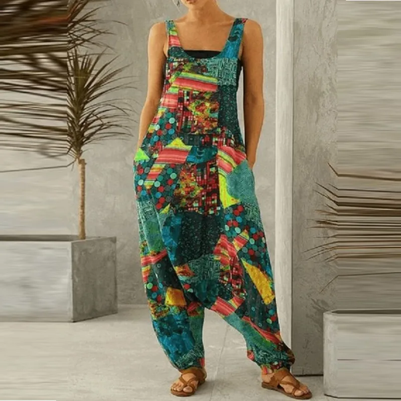 

2021 Fashion Female Summer Harem Overall Jumpsuit Vintage Print Sleeveless Trouser Jumpsuit Casual Rompers Jumpsuits For Woman