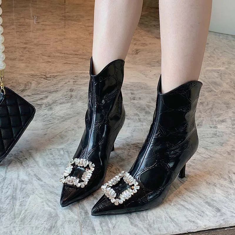 

Winter Chelsea Boots Black Shoes Crystal Rhinestone Design Thin High Heels martin Chelsea Booties Solid Color Winter Boots Woman