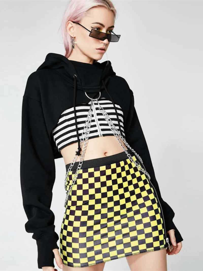 

Sexy Black Red Cropped Hoodie Women Gothic Punk Loose Chain Patchwork Pullover Sweatshirt Lady Fashion Streetwear Hooded Top