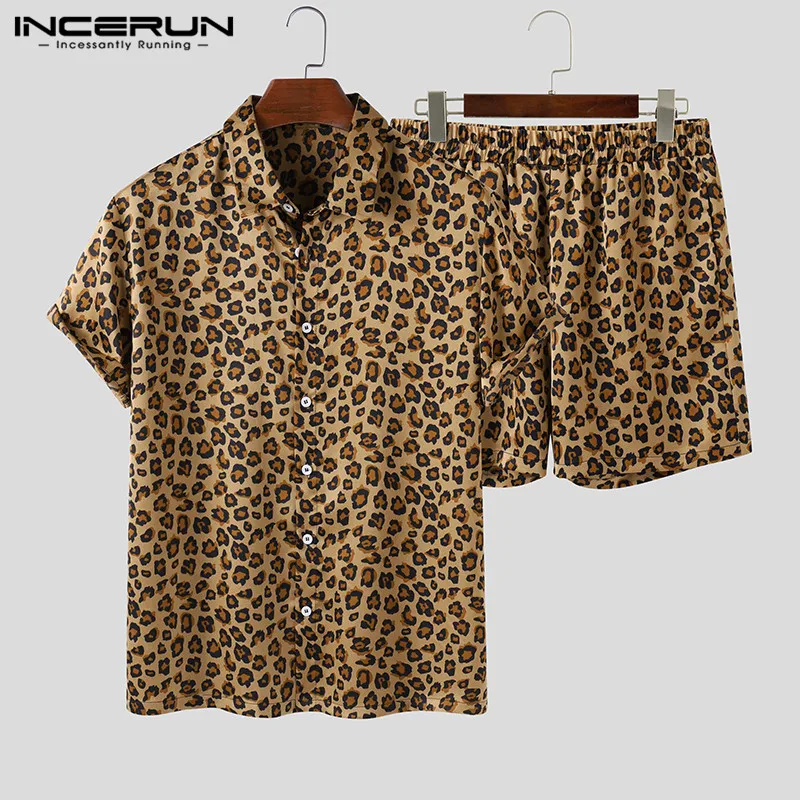 Fashion Men Sets Streetwear Leopard Print Short Sleeve Lapel Shirt Beach Shorts Hawaiian Men Suits 2 Pieces Plus Size INCERUN