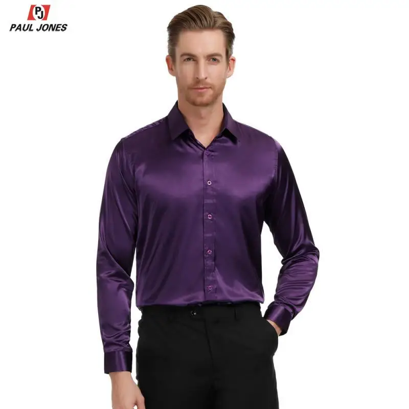 Мужская приталенная атласная рубашка PAUL JONES Однотонная с длинным рукавом