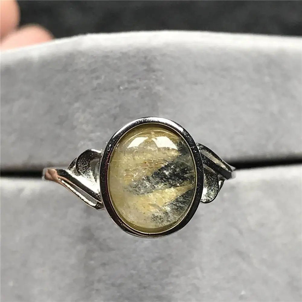 12x10mm Natural Gold Rutilated Ring For Woman Lady Man Crystal Beads Silver Quartz Gemstone Adjustable Size Jewelry AAAAA | Украшения и
