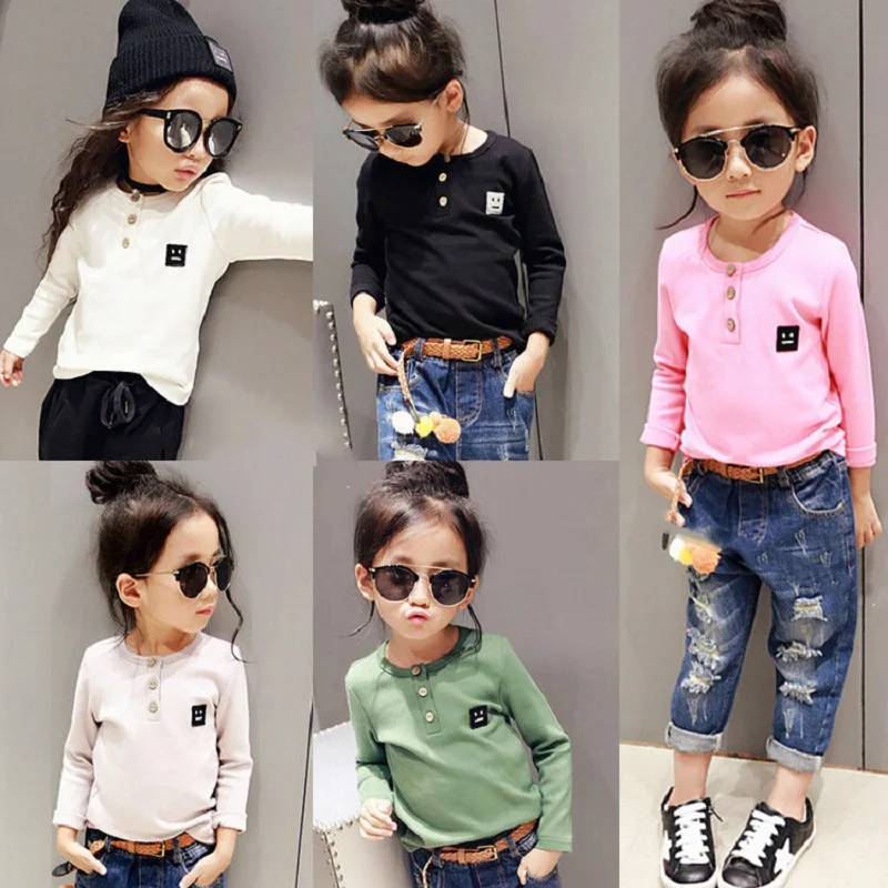 

Winter Necessary Girls Long Sleeve Thicken Shirt Boys Basic Fleece Three Buttons Baby T-shirt Smiling Face Children Shirts,2-7Y