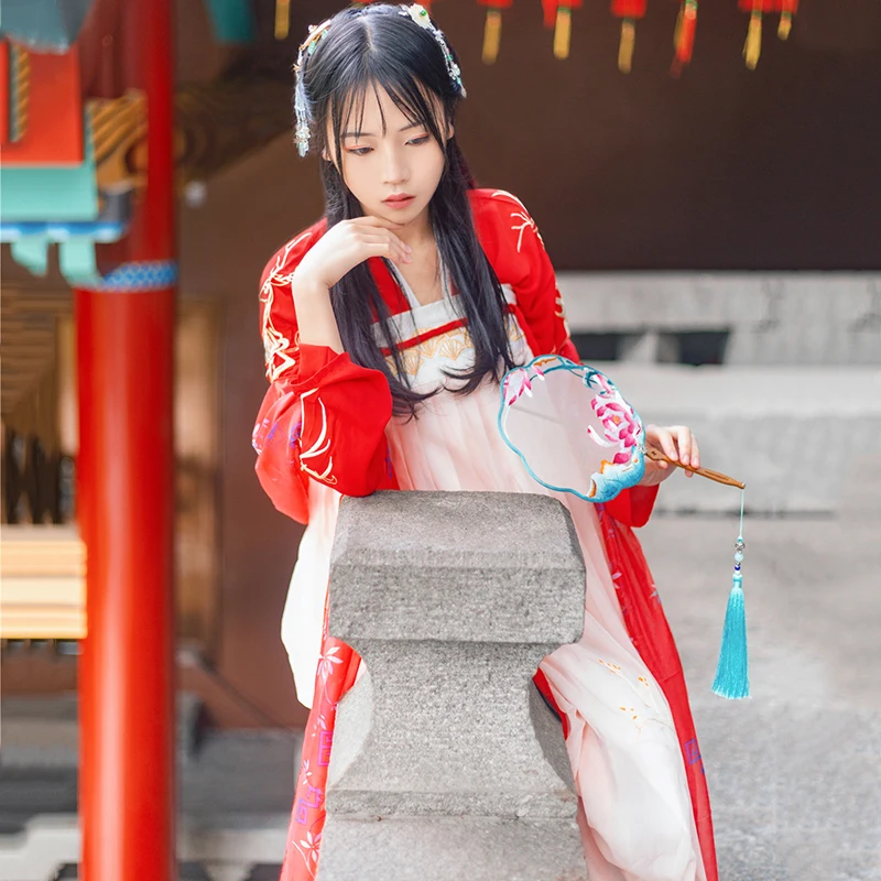 Женский Классический танцевальный костюм Hanfu с красной вышивкой фольклорное