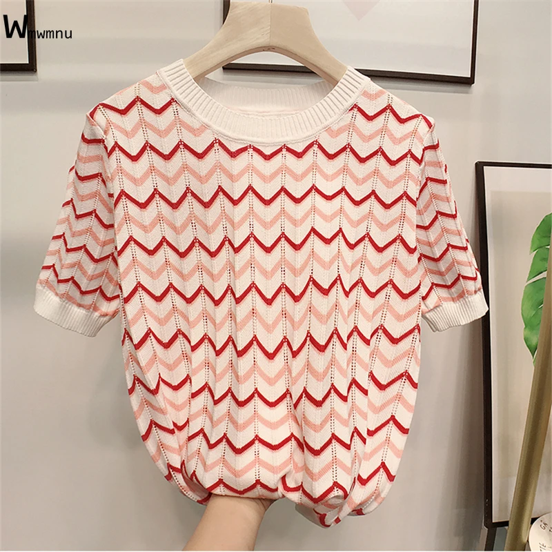 

Women Summer Thin Short T-Shirt Fashion Plus Size 4XL O-Neck Tees Female Casual Hollow Out Stripe Knitted Short Sleeve Tops
