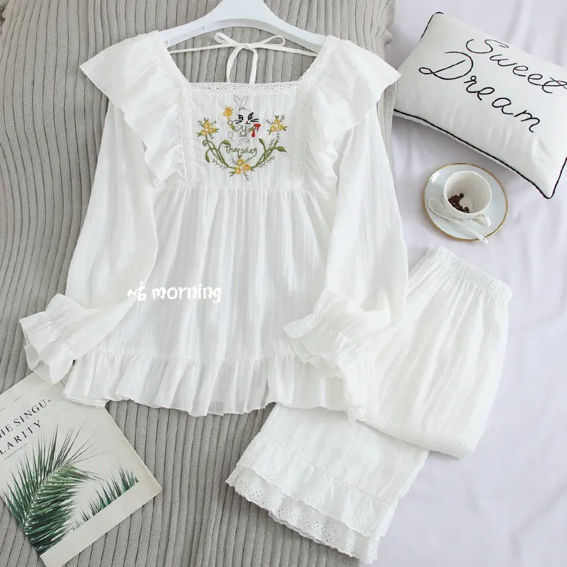 

Autumn 2021 New Retro Court Style Fashion Exquisite Embroidered Woven Cotton Long-sleeved Pajamas Square Collar Trouser Suits