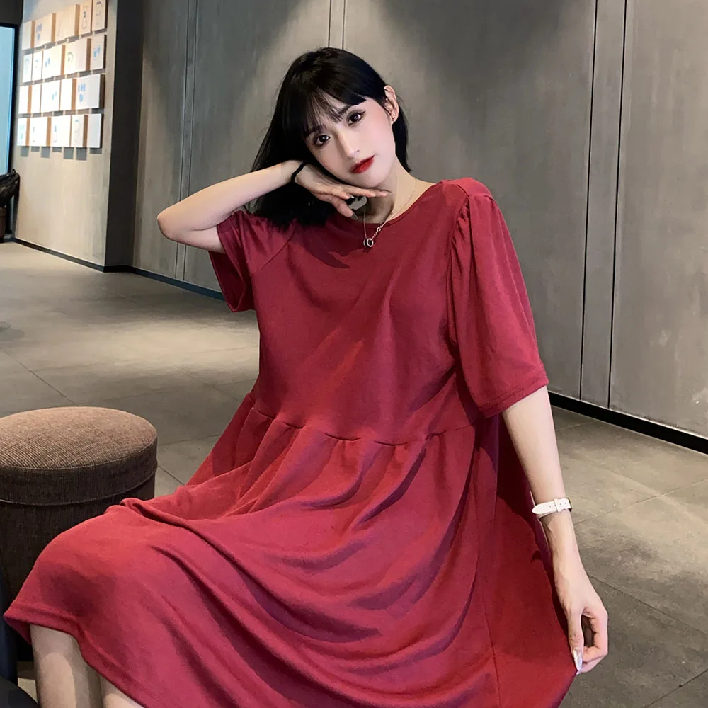 

Japanese Korean Version Loose Fashion Summer Dress Casual Thin Popular Simple Solid Color Round Neck Summer 2021