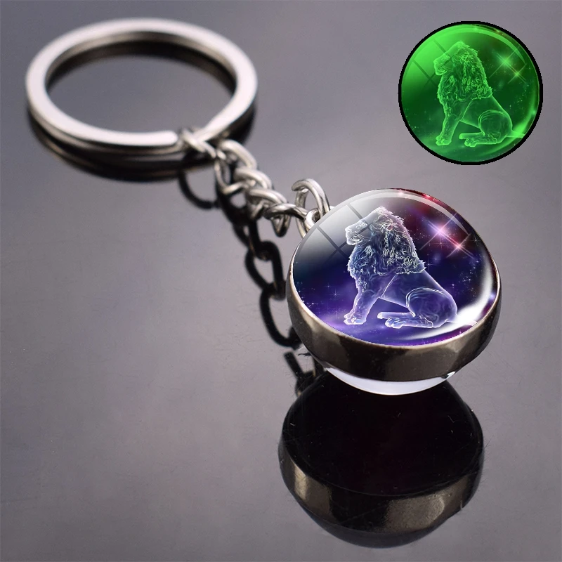 

Glow In The Dark 12 Constellation Keychain Zodiac Signs Picture Double Side Cabochon Glass Ball Keychain Jewelry Birthday Gifts