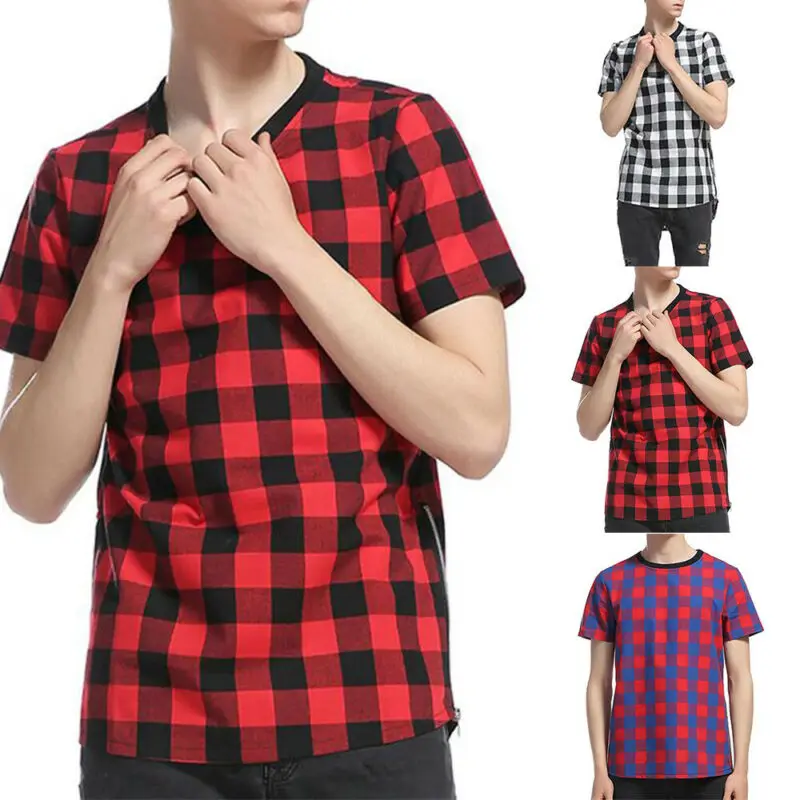 Мужские летние повседневные спортивные футболки в клетку с коротким рукавом и