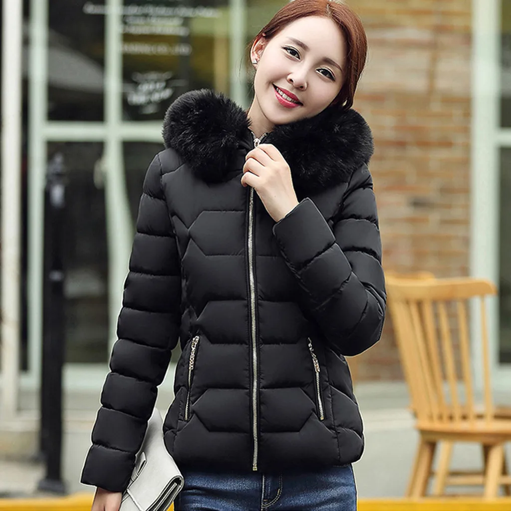 Зимние женские хлопковые парки короткие с искусственным воротником пальто