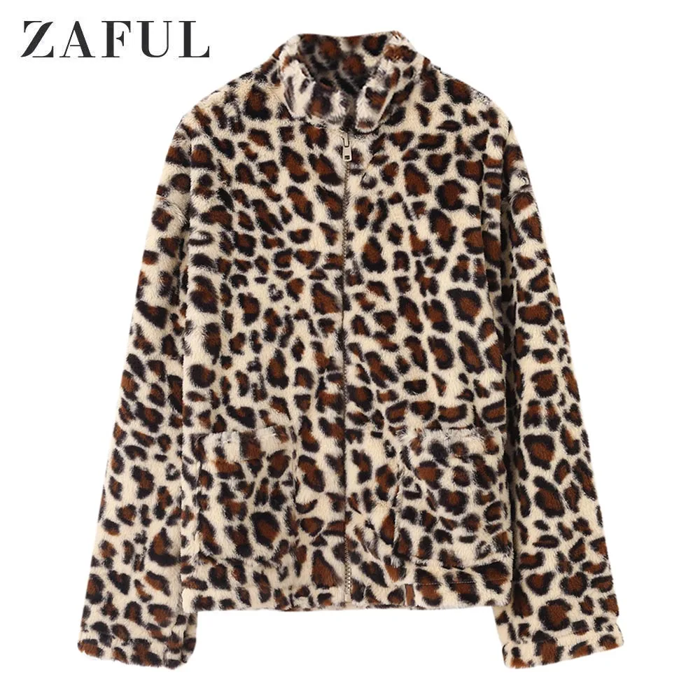 

ZAFUL Dual Pocket Zip Up Leopard Faux Fur Coat