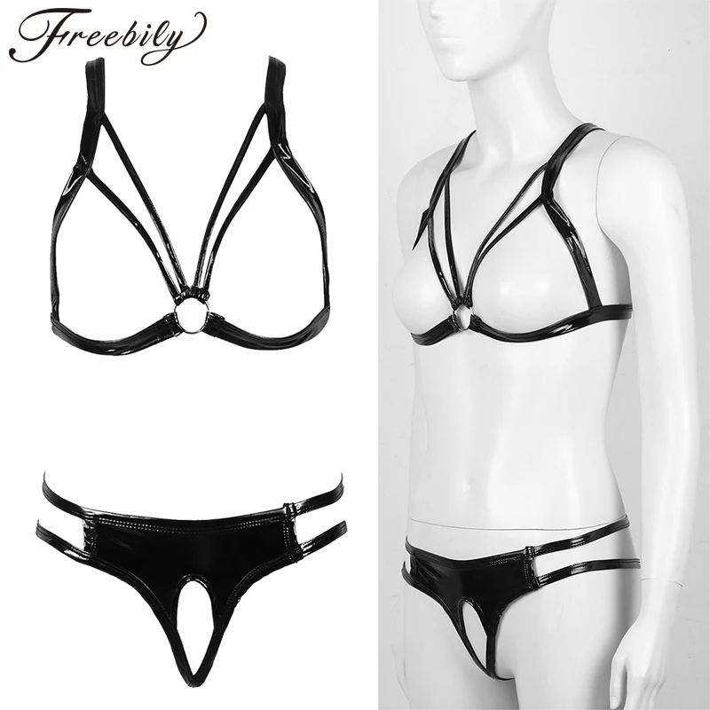 Женский сексуальный комплект нижнего белья из 2 предметов кожаный бюстгальтер с