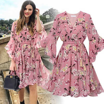 

Chiffon High Elastic Waist Party Dress Bow A-line Women Butterfly Sleeve Flower Print Floral Boho Dress Female Vestido Plus Size