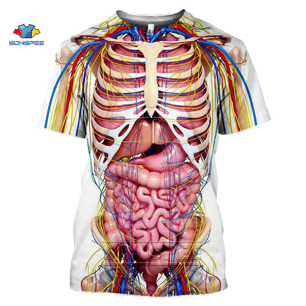 

SONSPEE 2020 New Arrival Male Skeleton Internal Organs T-shirts 3D Print Round Neck Short Sleev T-Shirt Anime Funny Men T Shirt