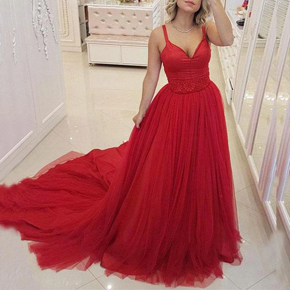 

Full Red Prom Dresses 2020 Volume Tulle A Line Sexy V Neck Party Dress Bead Waist Long Gown Hot Tail Evening Dresses Plus Size