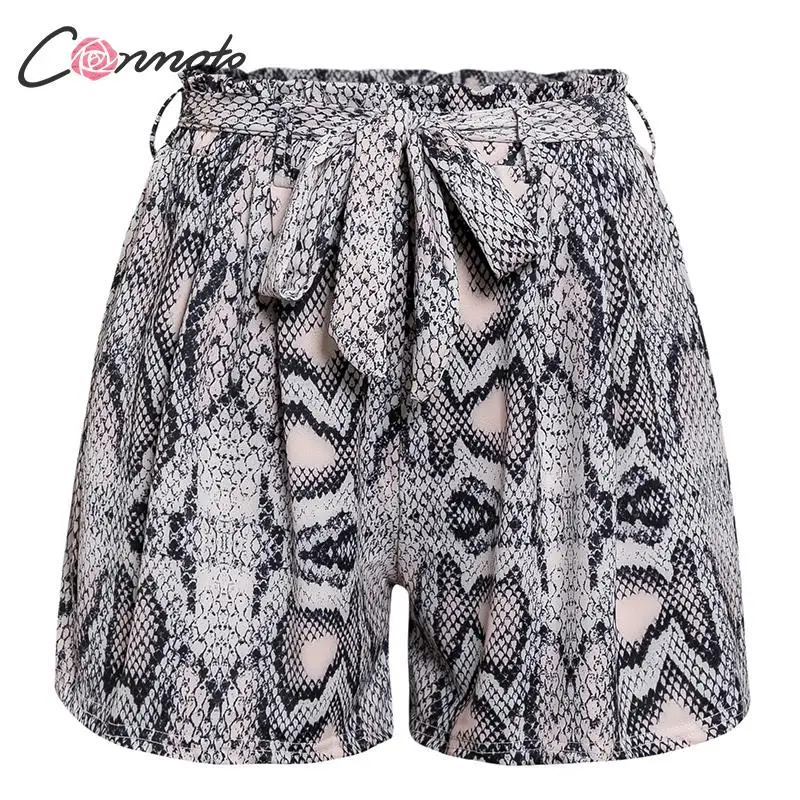 

Conmoto sexy snaked print beach summer women shorts 2020 high fashion shorts casual bow belt casual ruffles shorts