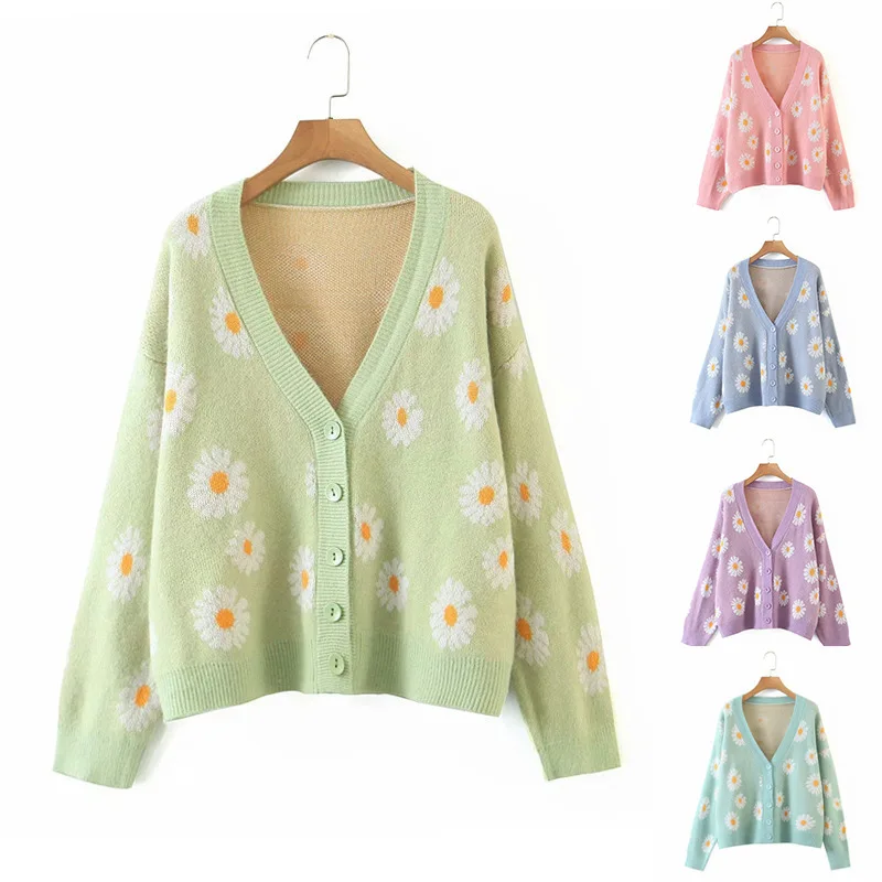 

Autumn Daisy Pattern Casual Knitted Cardigan V Neck Single-breasted Cashmere Blend Loose Casual Knit Sweater