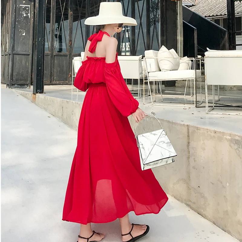 Женское длинное пляжное платье с лямкой на шее летнее Элегантное повседневное в