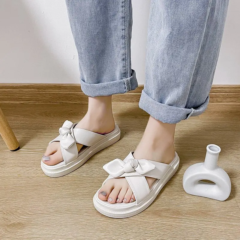 

Simple Women's Slippers Solid Color Wild Casual Fashion Vamp Bow Decoration Sweet and Cute Women's Slippers 2021