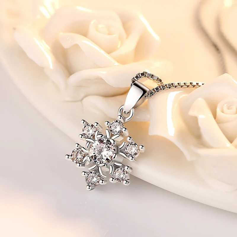 

GUP1 925 silver shiny crystal snowflake flower ladies`pendant necklaces jewelry women short box chain no fade