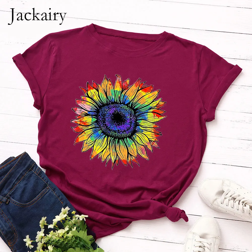 Футболка женская оверсайз с принтом подсолнуха 100% хлопок короткий