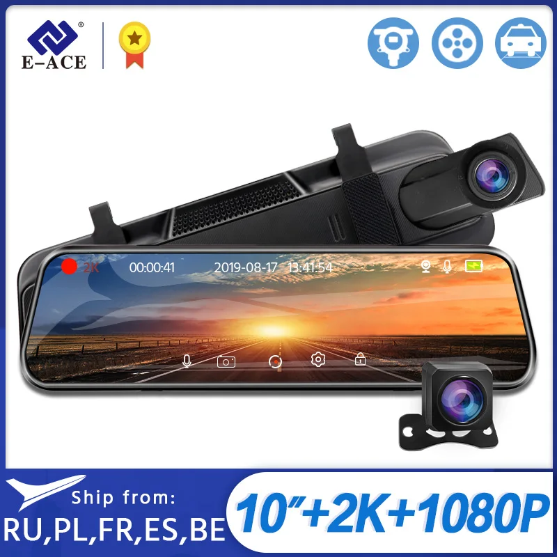 E ACE 2K Автомобильное зеркало заднего вида Dvr 10 0 дюймов Dashcam 1440P видеорегистратор