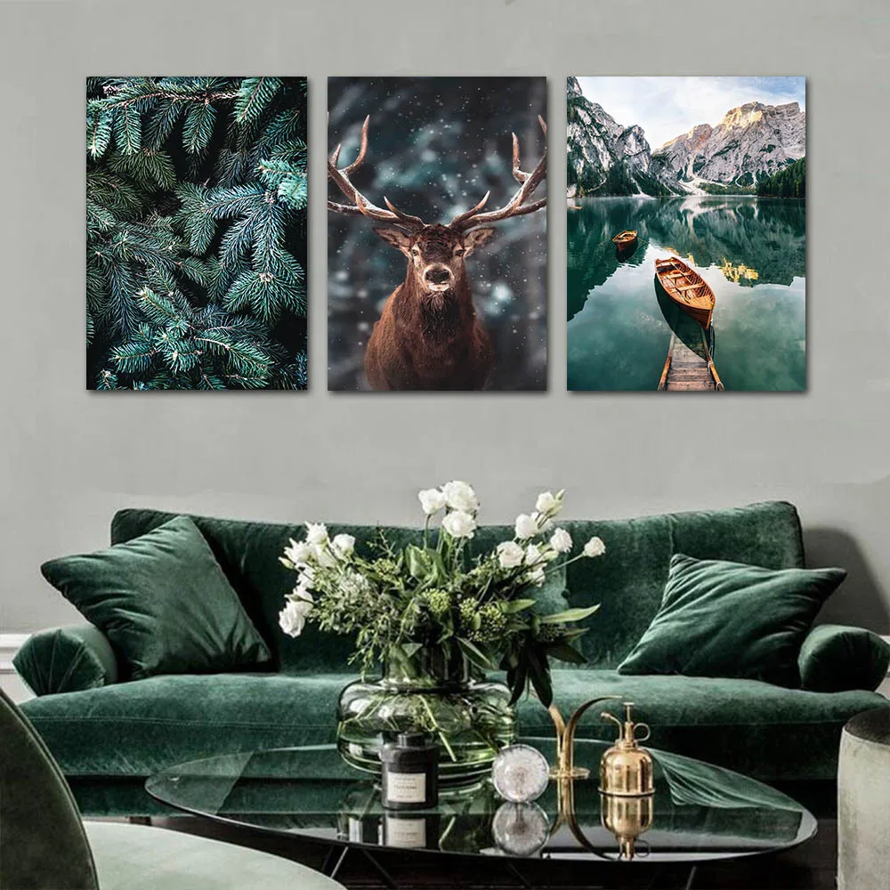 

Nordic туман Лесной Олень животных Холст Wall Art Холст Картина горного озера Пейзаж Природа декоративная картина домашний декор