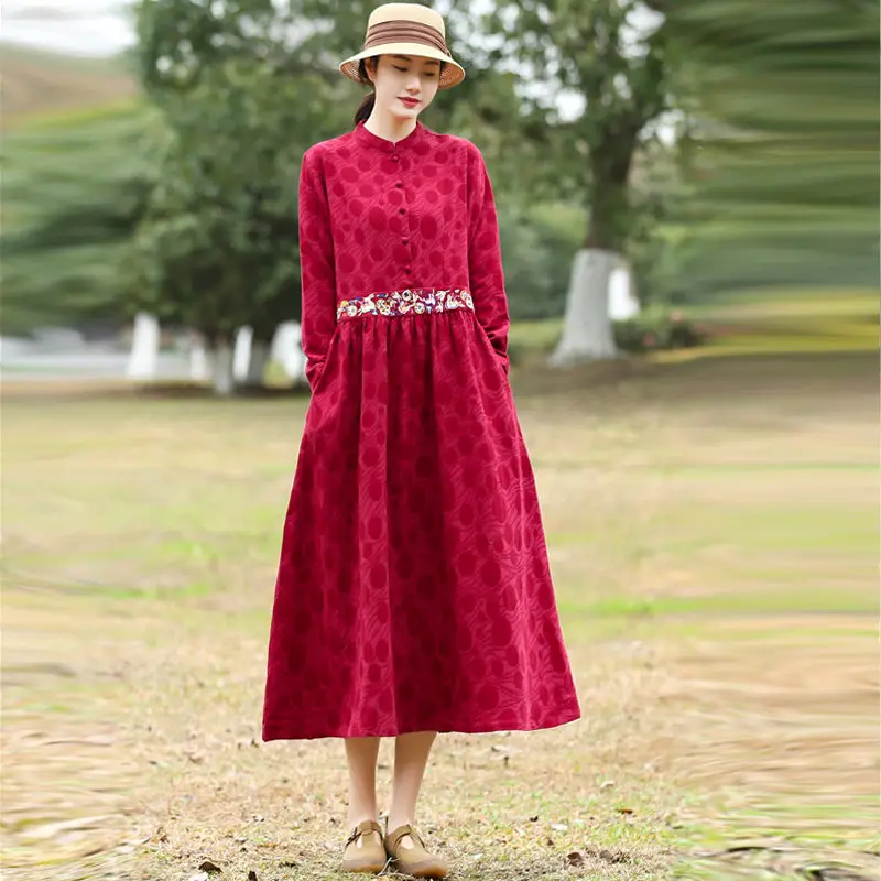 

Женское платье из хлопка и льна, свободное платье большого размера с вышивкой и воротником-стойкой, в этническом стиле, весна-осень 2022