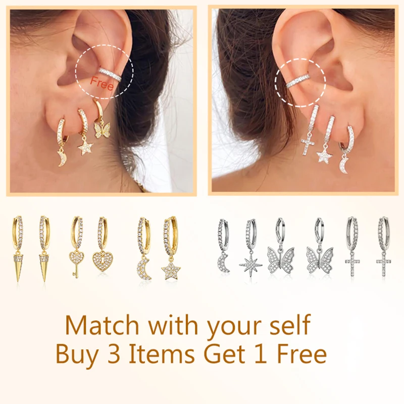 Новинка модные корейские серьги кольца с фианитом Крест Дерево бабочка Звезда