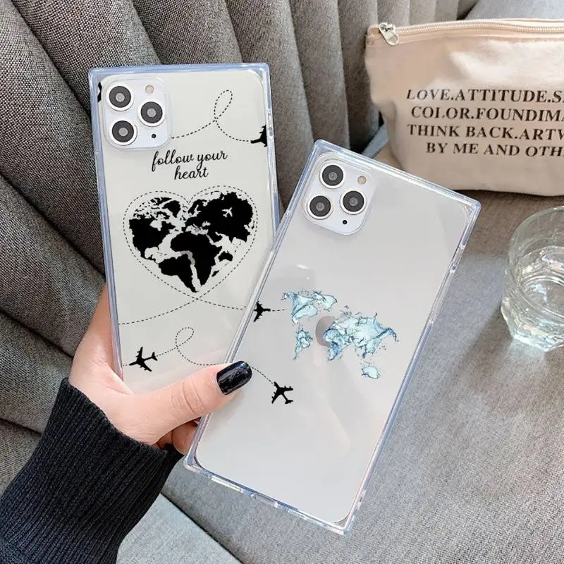

World Map Travel creative art Phone Case For iPhone 7 8 11 12 X XS XR MINI Pro Max Plus Clear Square Transparent