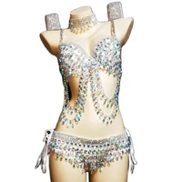 fashion luxurious shining diamonds ab color women bra shorts tassel bikini set nightclub singer show costumes pole dance outfit