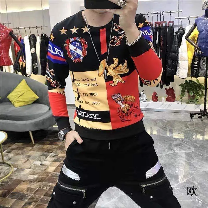 

Autumn and Winter Men's Korean Loose Hot Diamond Printing Gold Velvet Sweater Crew Neck Pullover