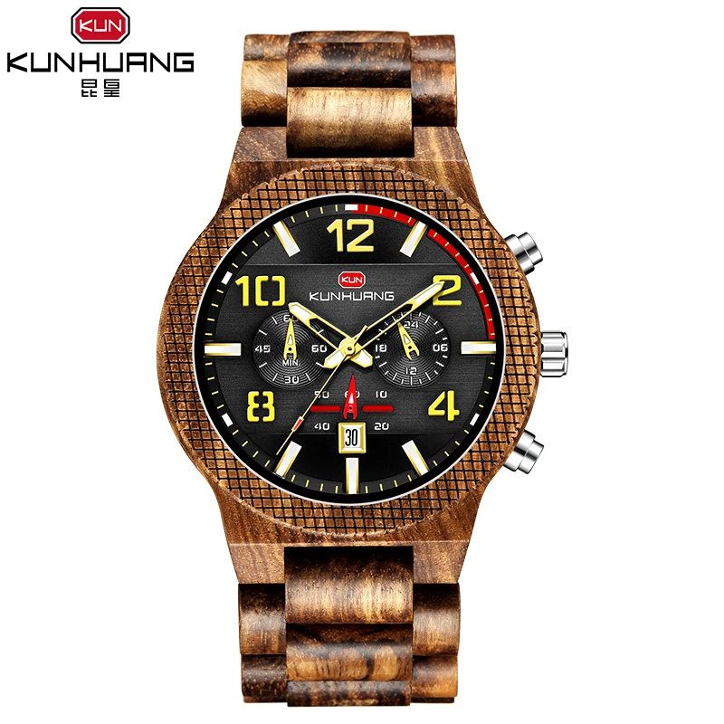 Kunhuang 1015 хронограф указатель деревянный relogio masculino античный модный материал