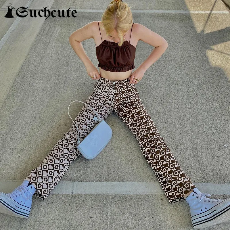 

SUCHCUTE Vintage Heart Print Women Straight Pants Kawaii Brown Patchwork Casual Denim Trousers Harajuku Aesthetic Baggy Jeans