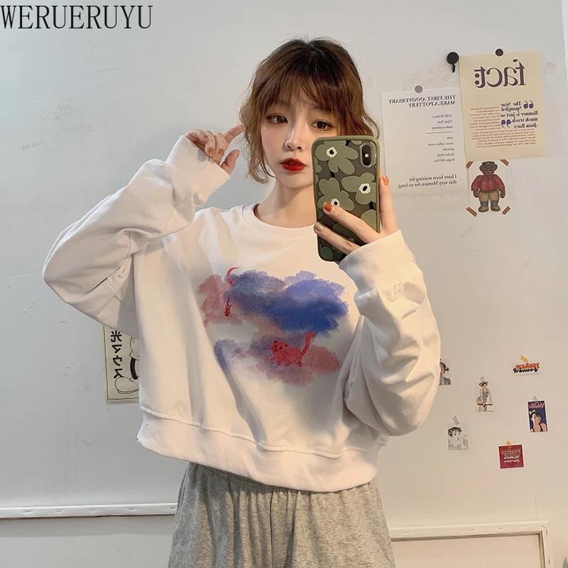 

WERUERUYU Hot Selling Women Top Long Sleeve Sweatshirt Cropped Jumper Sweater Casual Pullover